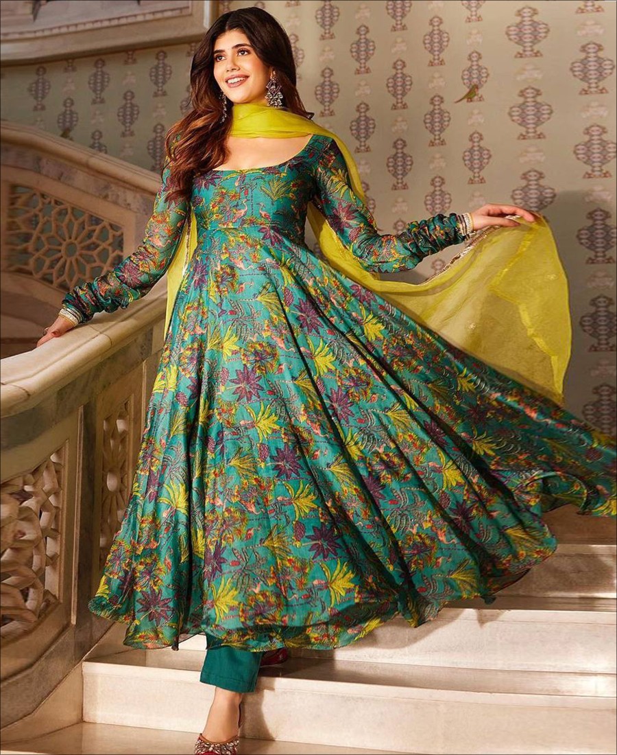 Multi Color Satin Stitched Gown With Dupatta