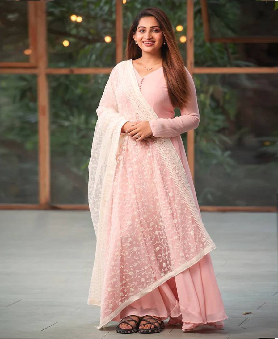 Baby Pink Colored Georgette Anarkali Suit With Net dupatta
