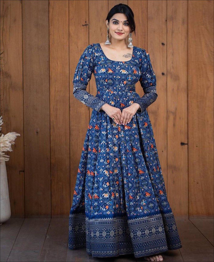 Blue Colored Patola Printed Rayon Gown 