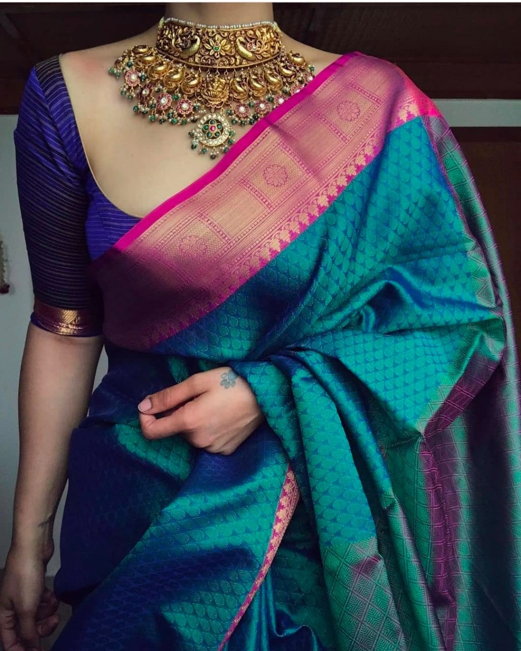 Teal woven silk saree with blouse - Lilots - 3638200