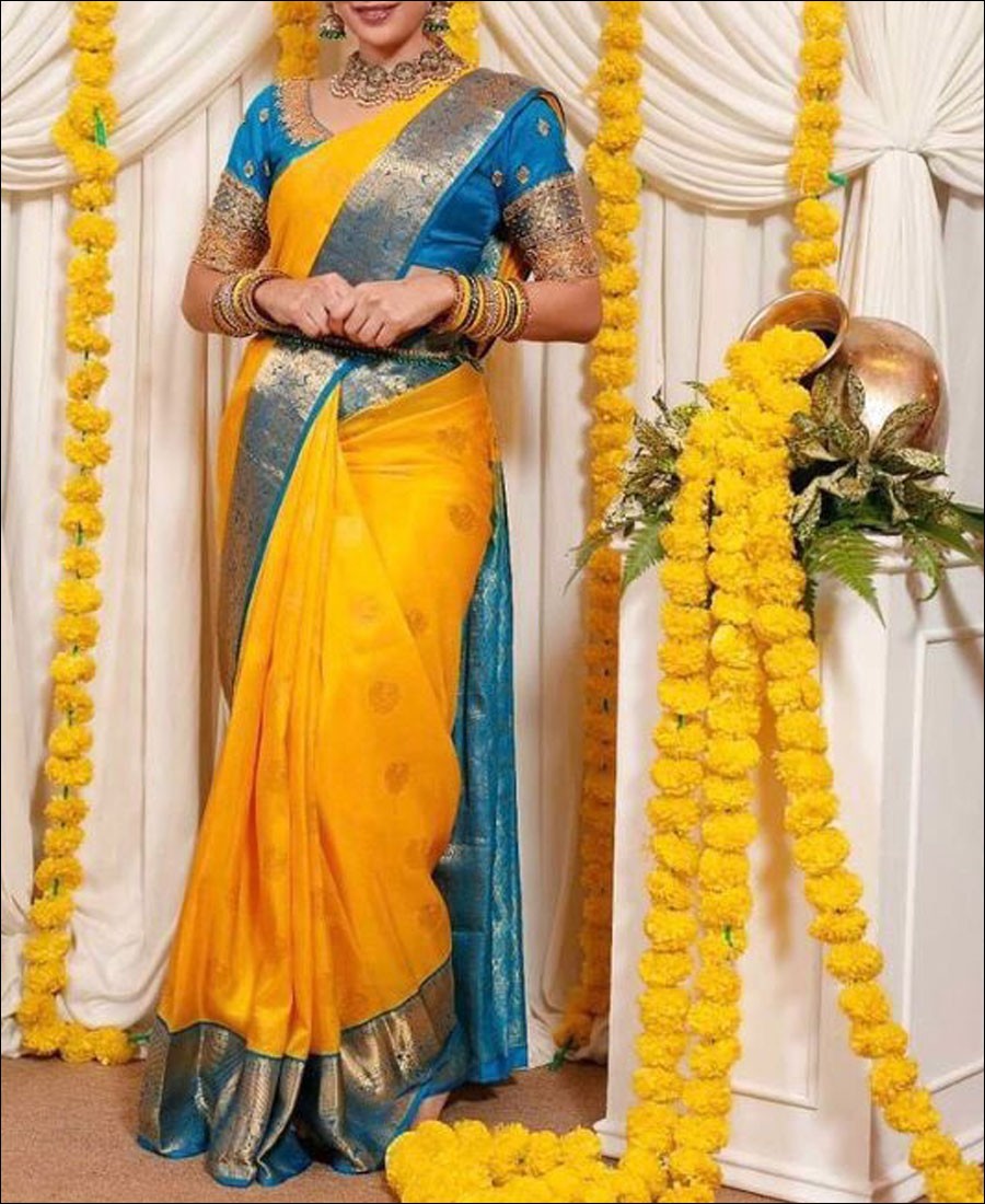 Weaving Wedding Wear Mustard Yellow Kanchipuram Pure Pattu Silk Saree, With  Blouse Piece
