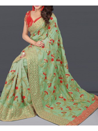 RE - Embellished Olive green two tone vichitra silk saree   