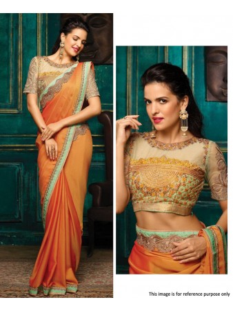 RE - Partywear orange golden silk embroidered saree