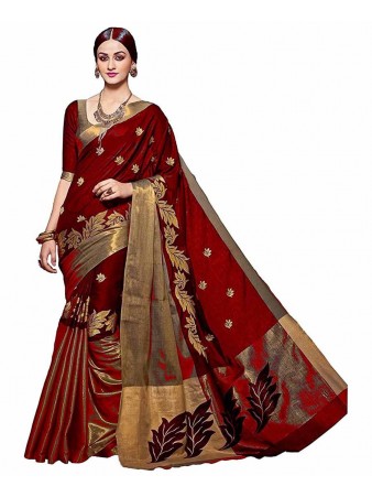 GS - Stylish Cotton Embroidery Maroon saree with blouse