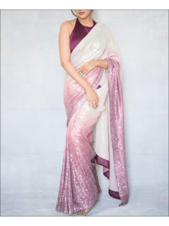 Baby Pink and White Colour Sequence Work Georgette Saree