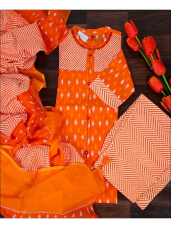 Cotton Block Print Orange Kurti Set