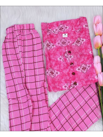 Pink Rayon Block Print Kurti Set