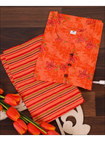 Orange Printed Cotton Kurti Set