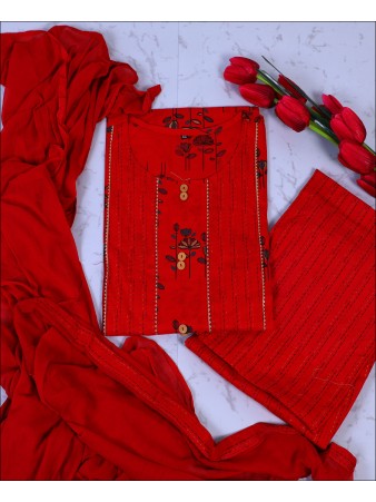Red Coloured Cotton Block Print Kurti Set