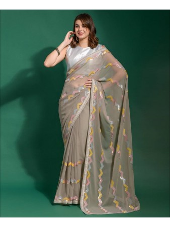 Party Wear Grey Color Georgette Sequence Work saree