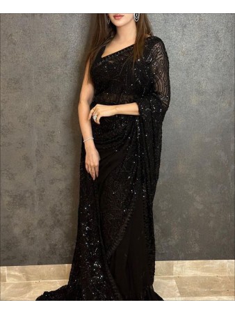 Black Color Georgette Sequence Work Party Wear Saree