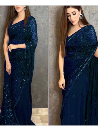 Blue Color Georgette Sequence Work Party Wear Saree