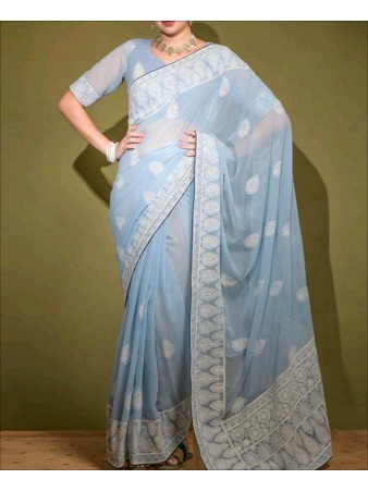 Cloudy Blue Color Georgette Sequence Work Saree
