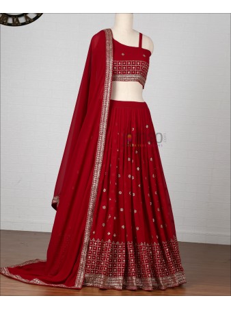 Cherry Red Colored Georgette Sequence Embroiodery Work Lehenga Choli