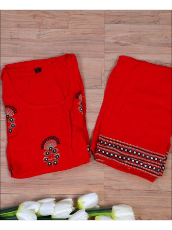 Red Rayon Embroidery Work Kurti Set