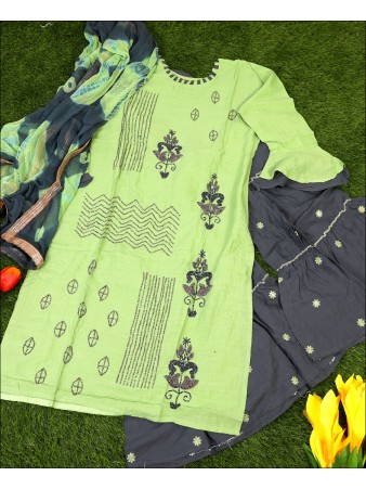 Green Rayon Zardoshi With Embroidery Work Kurti Set