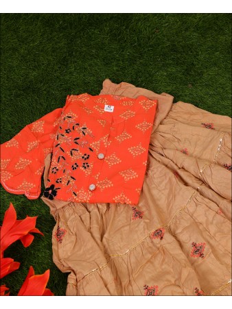 Peachies Orange Coloured Cotton Block Print With Hand Work Kurti Set