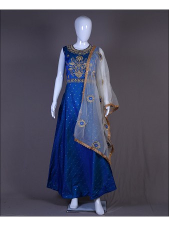 Taffeta Silk Blue Coding Embroidery Kurti Set with dupatta