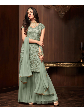 RF - Green Soft Net Pakistani Sharara Style Suit