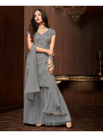 RF - Grey Soft Net Pakistani Sharara Style Suit