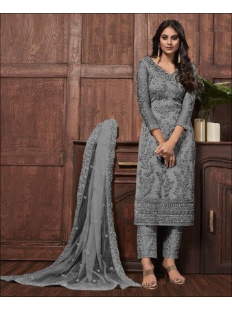 RF - Lovely Grey Butterfly Net Embroidered Pakistani Straight Suit