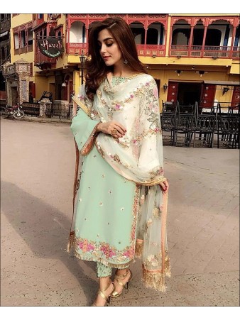 RF - Green faux Georgette straight cut Semi-stitched Suit