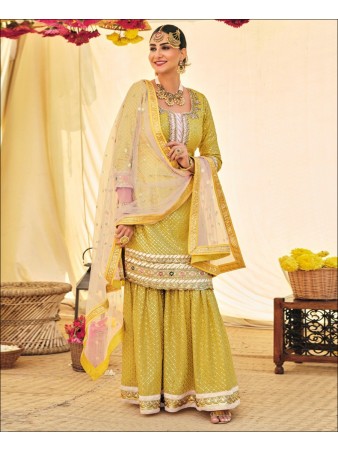 RF - Light Yellow Faux Georgette Embroided Sharara suit