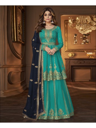 RF - Bottle Green Georgette Embroidered Semi Stitched Ghaghra Suit