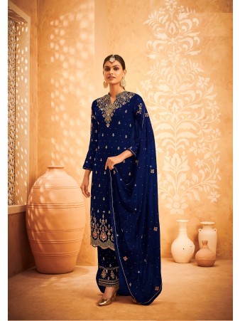 RF - Navy Blue Georgette Embroidered Semi Stitched Palazzo Suit