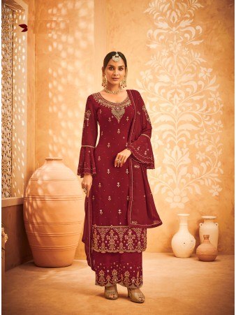 RF - Maroon Georgette Embroidered Semi Stitched Palazzo Suit