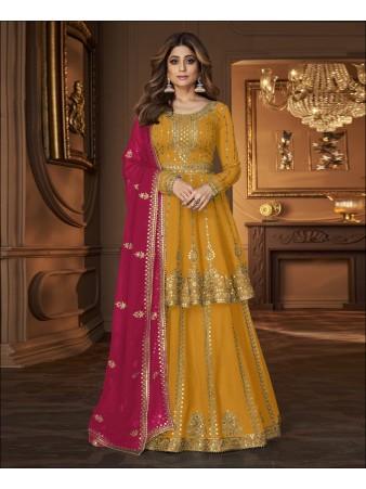 RF - Yellow Green Georgette Embroidered Semi Stitched Ghaghra Suit