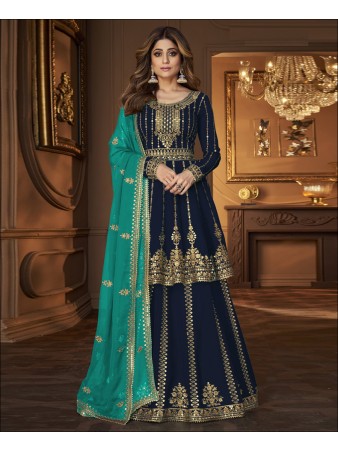 RF - Navy Blue Georgette Embroidered Semi Stitched Ghaghra Suit