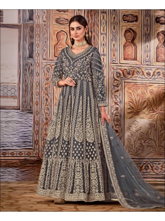 RF - Grey Butterfly Net with Embroidery Codding Work Anarkali Suit