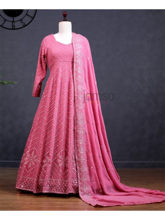 RE - Pink Mulberry Coloured Party Wear Georgette Gown With Dupatta