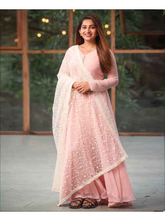 Baby Pink Colored Georgette Anarkali Suit With Net dupatta