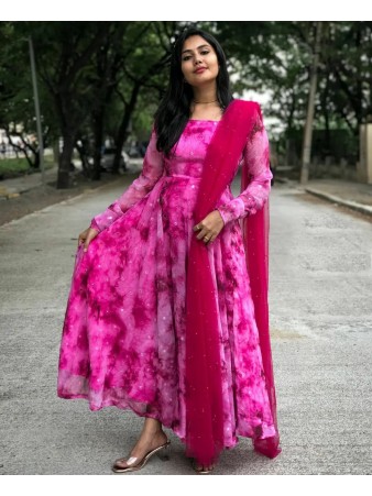 RE - Pink Color Faux Georgette Printed Gown