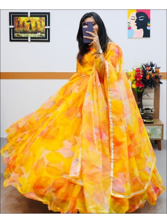 Party Wear Yellow Color Organza Printed Gown