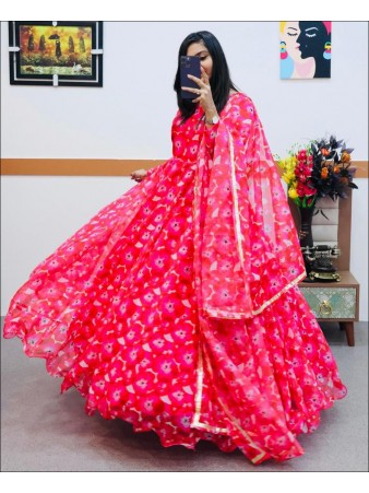 Pink Colored Organza Printed Gown With Dupatta