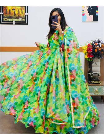 Party Wear Green Color Organza Printed Gown
